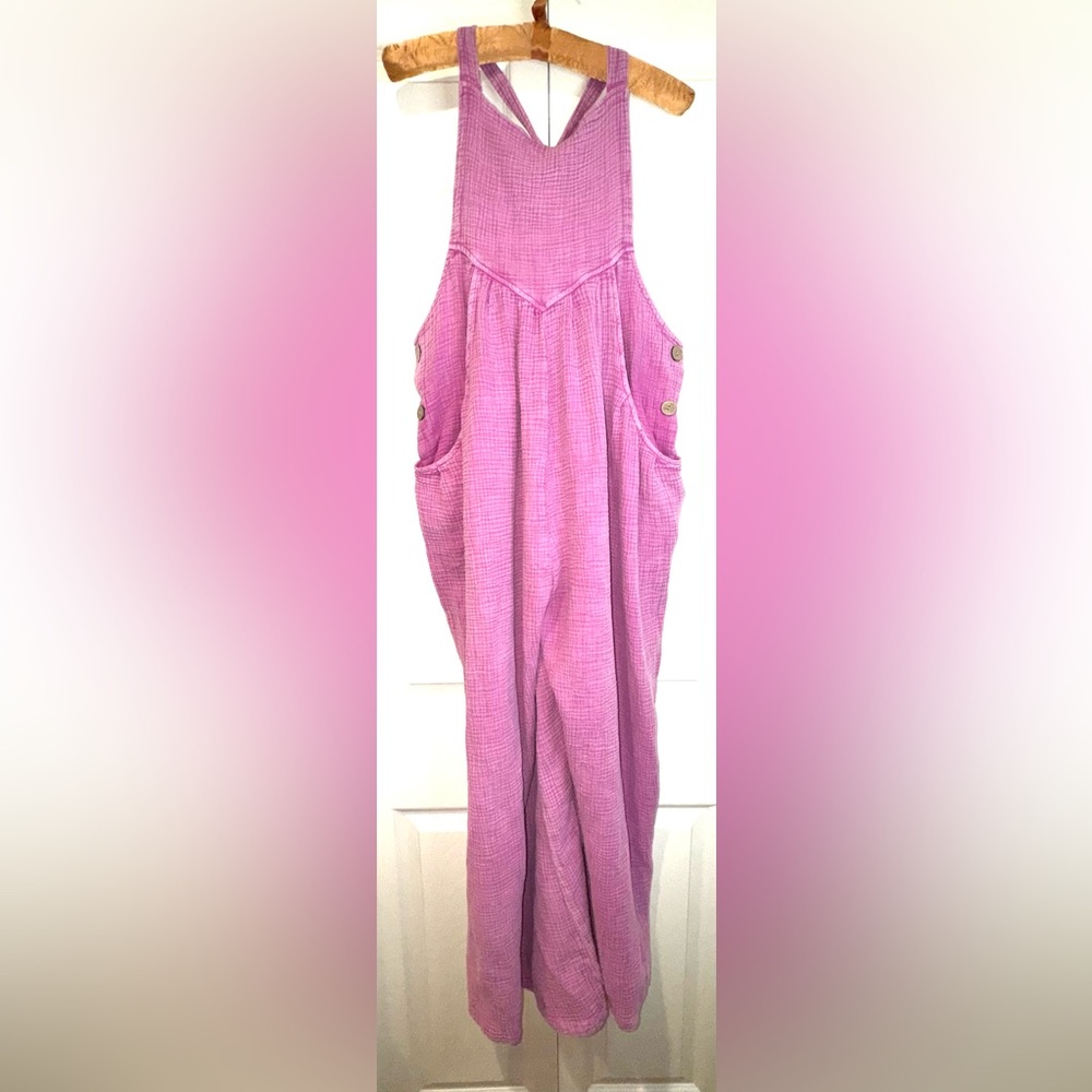Pink Textured Cotton Blend Overalls Jumpsuit